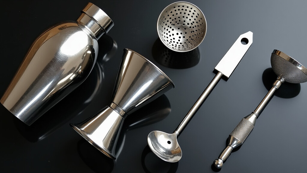 A detailed close-up shot of various high-quality bartending tools arranged on a polished counter
