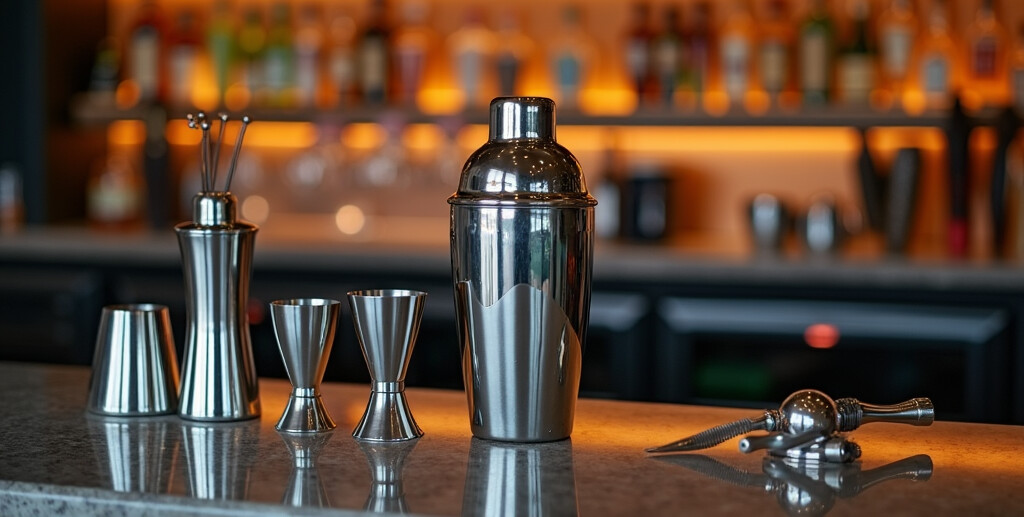A sleek modern bar with high-quality bartending tools displayed on the counter
