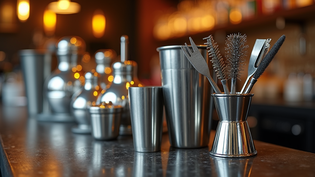 Clean bartending equipment neatly arranged