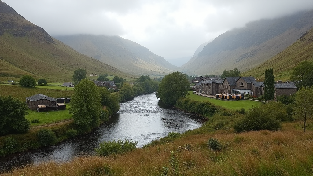 A scenic Speyside valley featuring a river winding through lush hills, with traditional Scottish distilleries and warehouses in the distance, morning mist rising, and barrels stacked outside.
