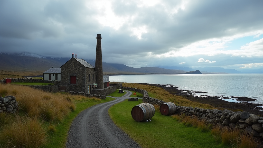 An atmospheric view of an Islay distillery by rugged coastal scenery, with barrels and whisky glass in the foreground.