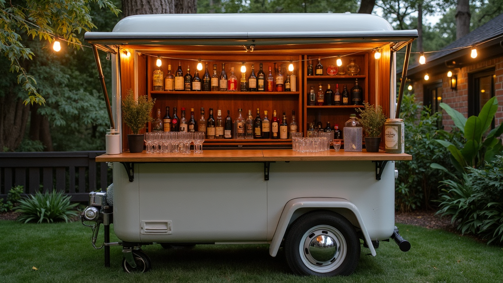 A clean, stylish mobile bar set up outdoors at an event, well-stocked with bottles and glasses on a wooden countertop, surrounded by string lights and lush greenery.