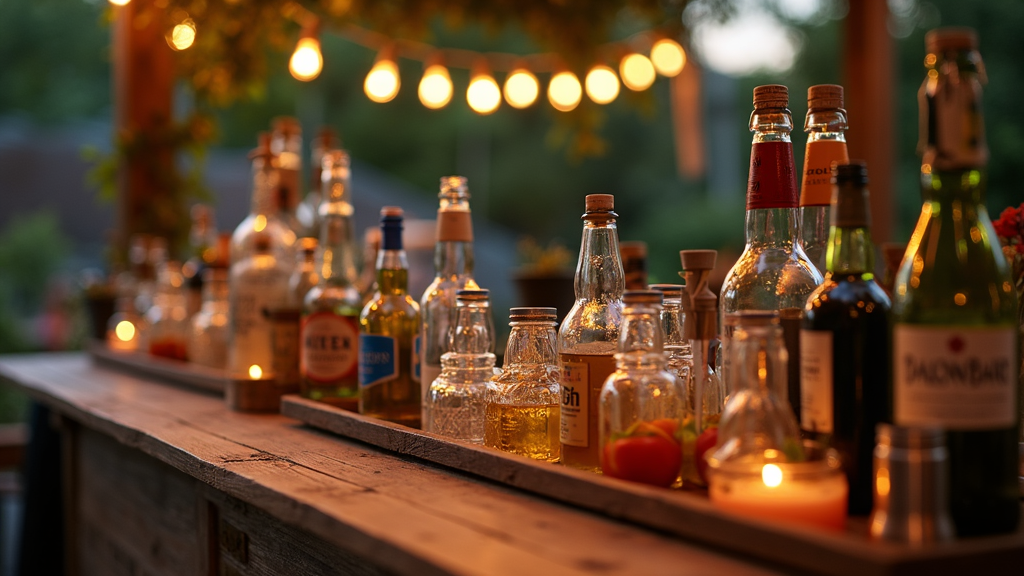 A mobile bar stocked with various bottles, glasses, and fresh garnishes on display. Bright string lights and rustic decoration set the mood.