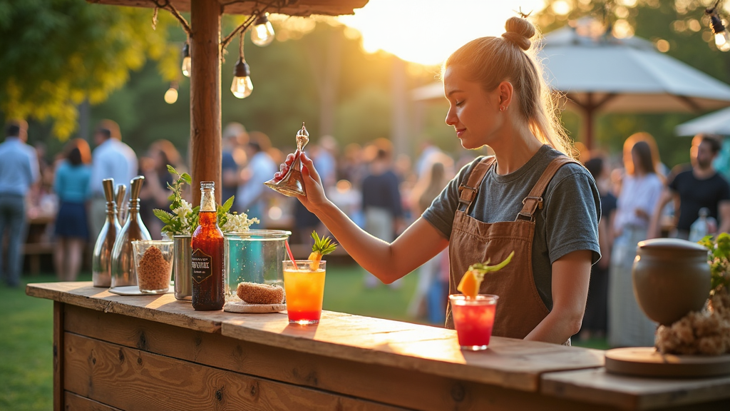 a mobile bartending setup at an outdoor event, featuring a stylish portable bar, cocktail tools, and festive decorations