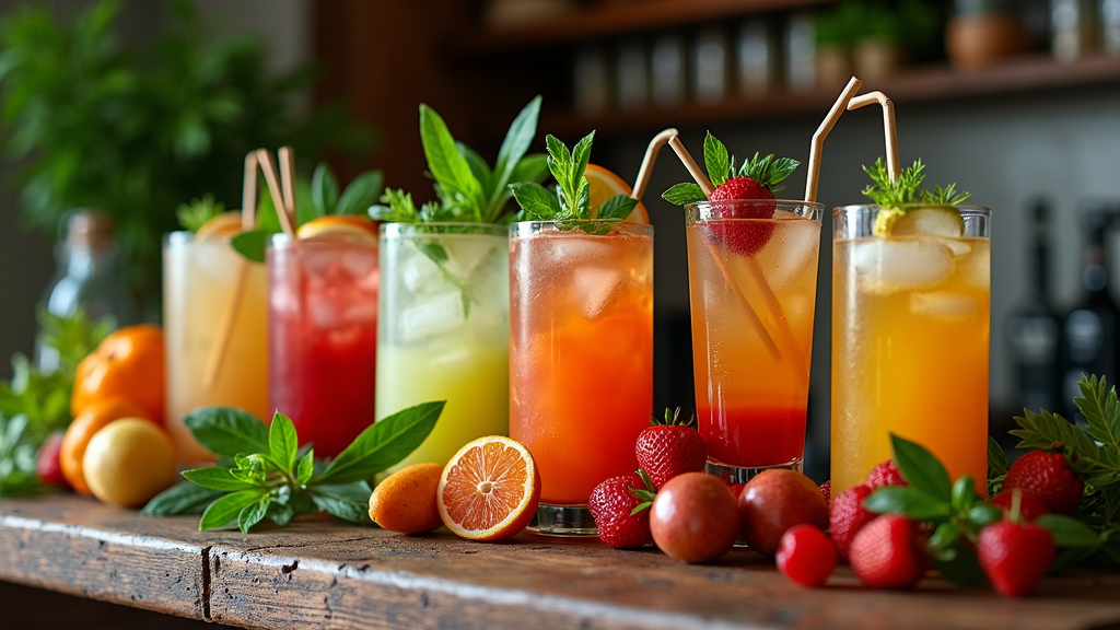 A vibrant display of seasonal cocktails arranged on a rustic wooden bar, surrounded by fresh herbs and fruits appropriate for different seasons.