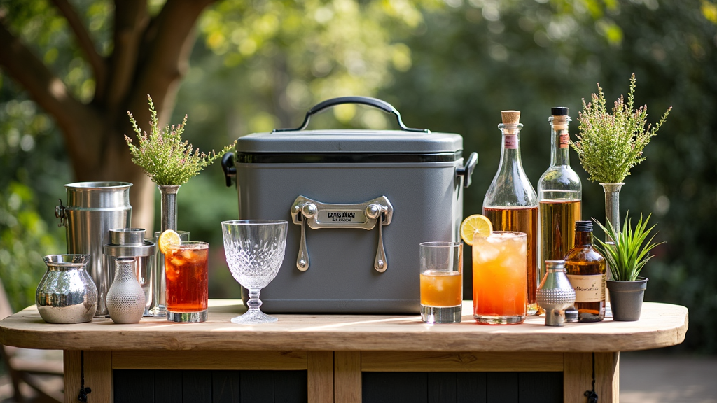 Mobile bar setup at an outdoor event with bar equipment and drink supplies