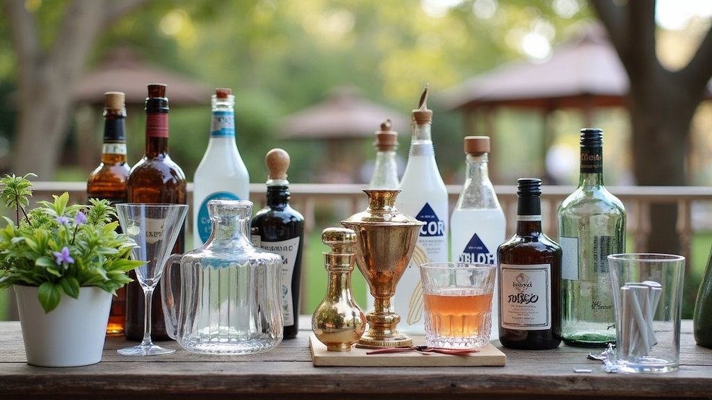 Mobile bar setup with bottles, glasses, and cocktail tools arranged on a portable countertop in an outdoor event setting.