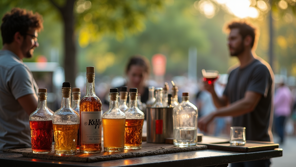Mobile bartending setup with bottles, bar tools, and a portable serving counter at an outdoor event