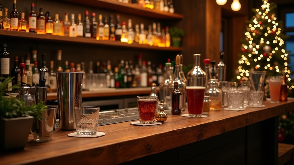 A variety of bartender Christmas gifts displayed on a rustic wood surface, including a cocktail shaker set, bitters, bar accessories, and glassware