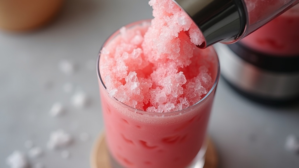 Close-up of Ninja SLUSHi ice shaving and blending mechanism with fluffy shaved ice forming
